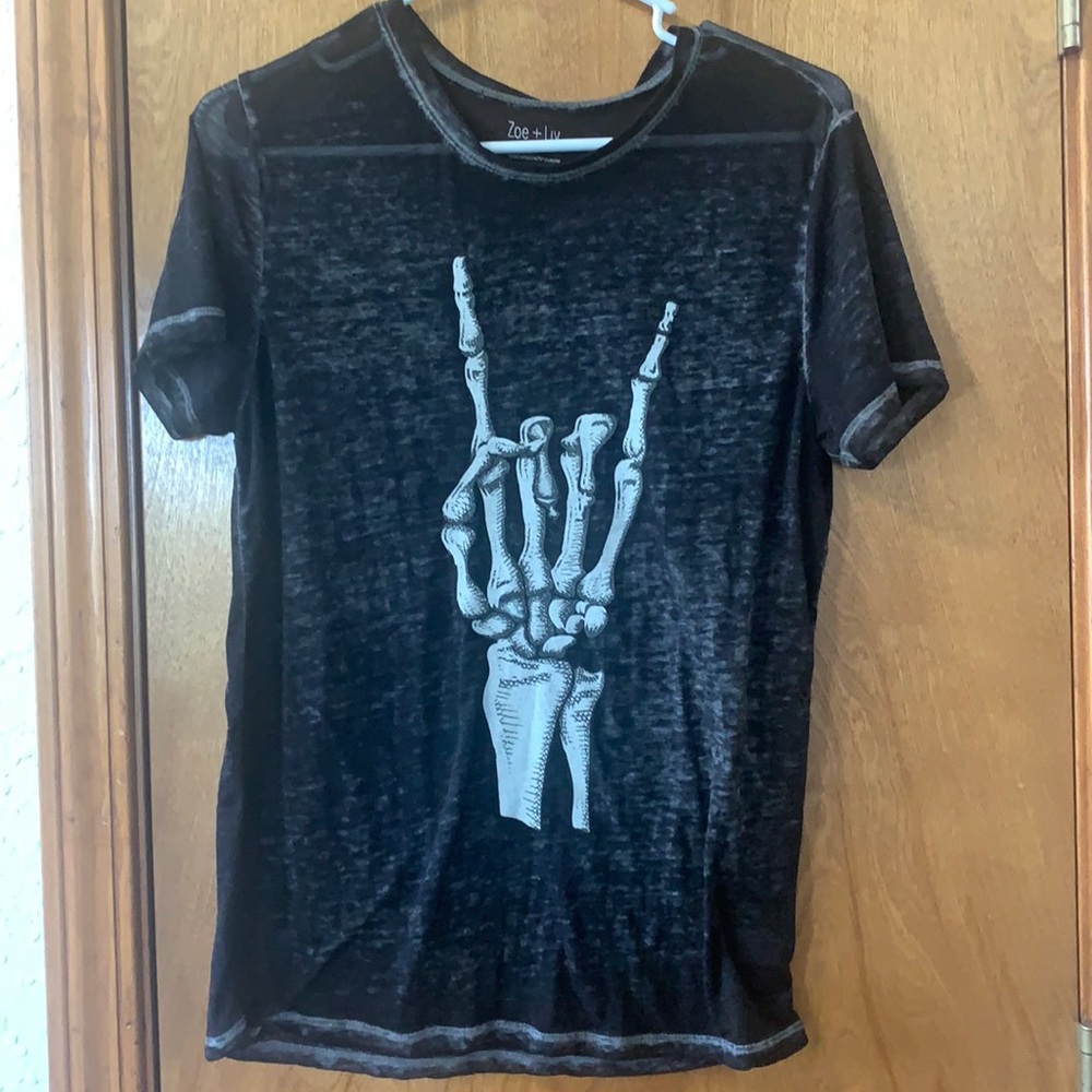 Zoe + Liv Black Tee with Skeleton Hand Design